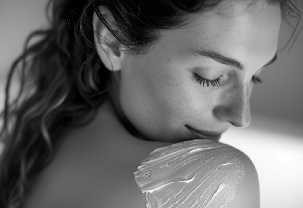 Asmuo atliekantis kūno šveitimą natūraliu šveitikliu vonios aplinkoje.